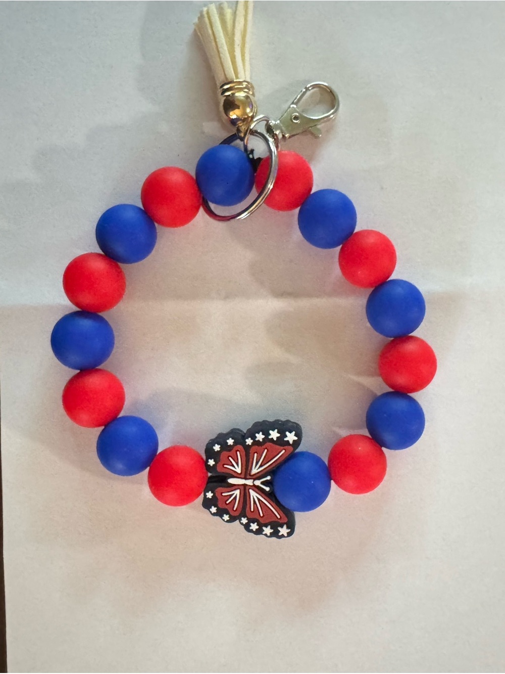 Red & Blue Beaded Butterfly Wrist Keychain